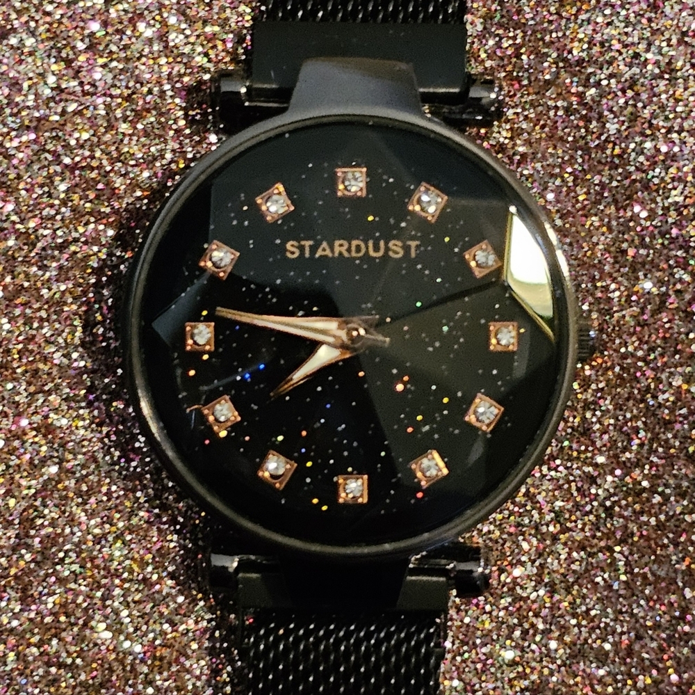 Stardust Black Watch with Diamond Glass, Rose Toned & Crystal Accents